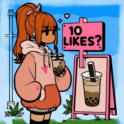 girl with oversized hoodie drinking boba and she has a high ponytail with a sign that says 10likes?