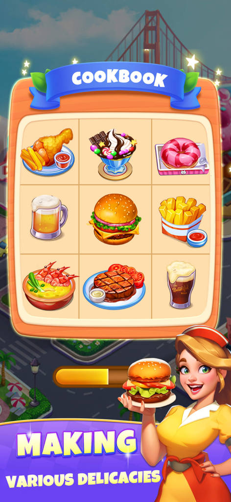 Cooking Journey: Food Games - Cooking Journey game interface showing a cookbook with diverse food icons like burgers, steaks, and desserts, featuring a female chef character.
