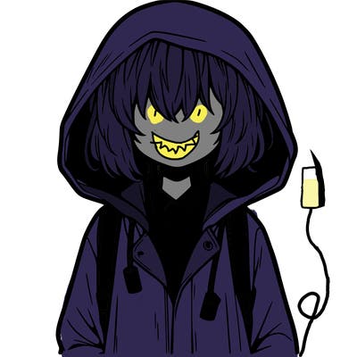 little anime girl in a raincoat her hair is covering her eyes she has a lighter