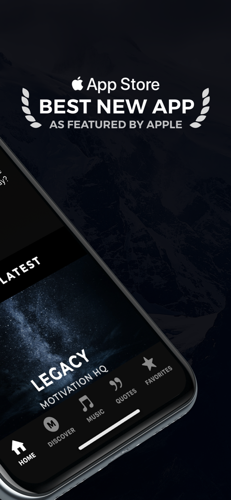 Motivate: Daily Motivation - Screenshot dell'app Motivate che mostra il premio Migliore Nuova App di Apple e il menu di navigazione.