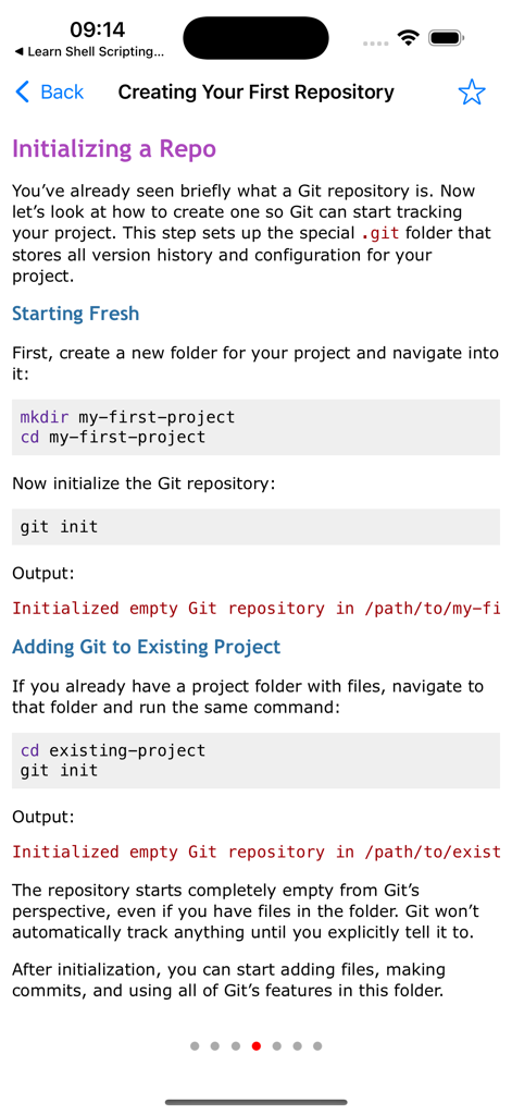 A tutorial page in the Learn Git app showing how to initialize a repository with commands like git init.