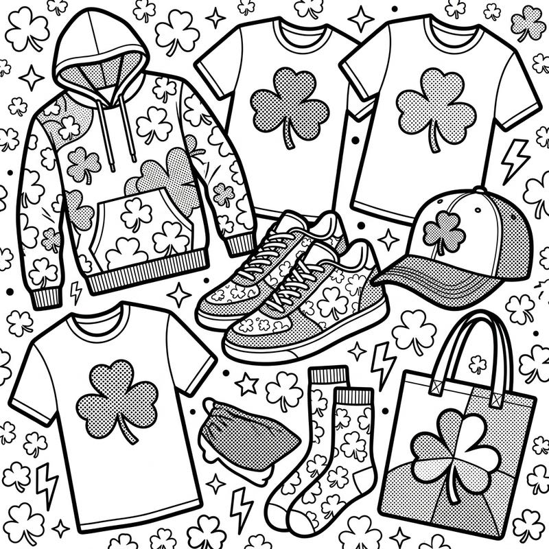 Unleash your creativity with this dynamic Pop Art coloring page featuring an array of shamrock-themed apparel and accessories. Get ready to splash vibrant hues across hoodies, sneakers, and tees, all bursting with bold outlines and lucky designs.