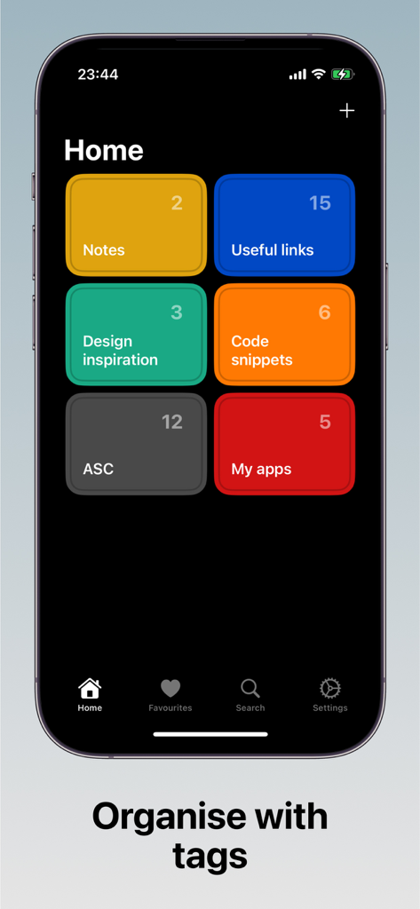 Mobile App-Oberfläche mit farblich gekennzeichneten Kacheln zur Organisation von gespeicherten Clips und Links mit Tags