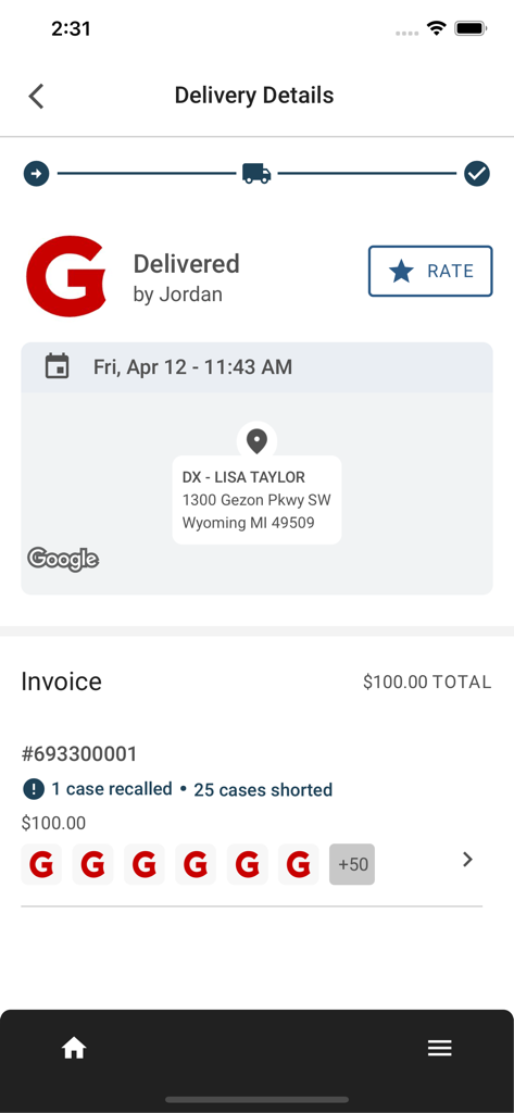 Gordon Now - Gordon Now app screen showing delivery details, map location, and invoice summary with short ship alerts