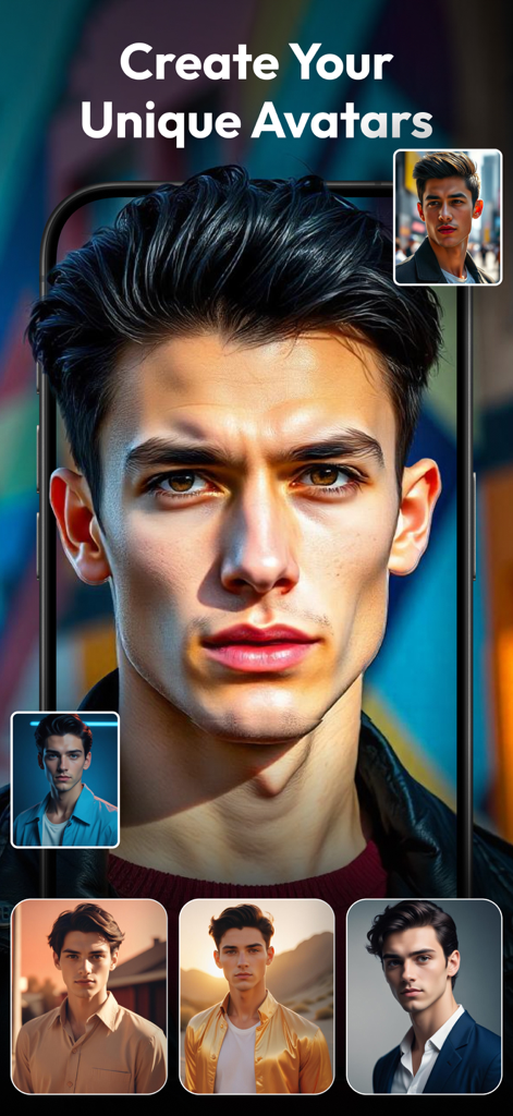 Photo Generator AI & Editor - Tela de aplicativo móvel mostrando vários avatares de retratos gerados por IA de um homem em diferentes estilos