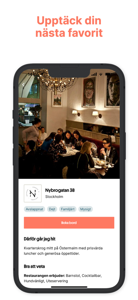 BokaBord - Restaurants - BokaBord app showing restaurant details and reservation button for a dining venue in Stockholm.