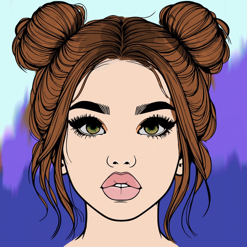 realistic girl with two buns on her hair and lips