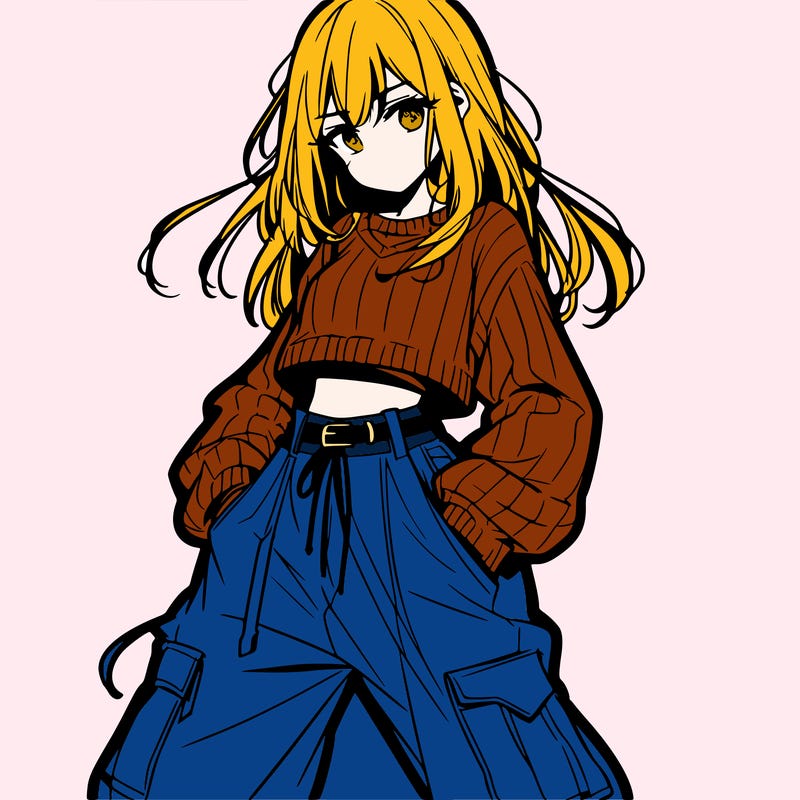 anime teen girl with baggy pants and crop top with sweater