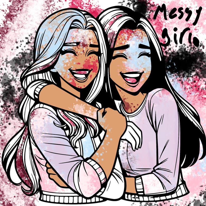two realistic teenage girls side hugging and laughing
