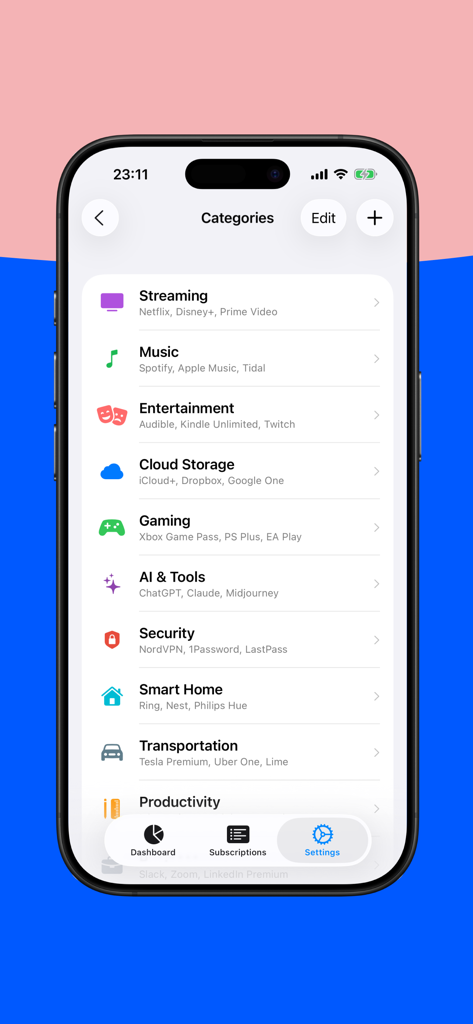 Track Subscription: ManageSubs - ManageSubs app screen displaying subscription categories like streaming music and cloud storage