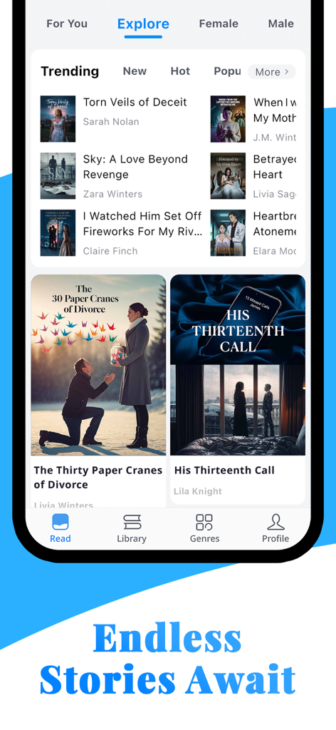 UrNovel: Story Books & Novels - UrNovel app explore screen displaying trending romance novels and featured story cards