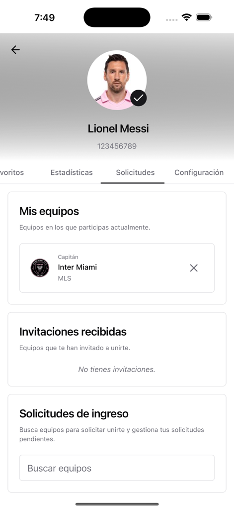 Campa - App de fútbol Campa, pantalla de solicitudes de perfil mostrando equipos y solicitudes