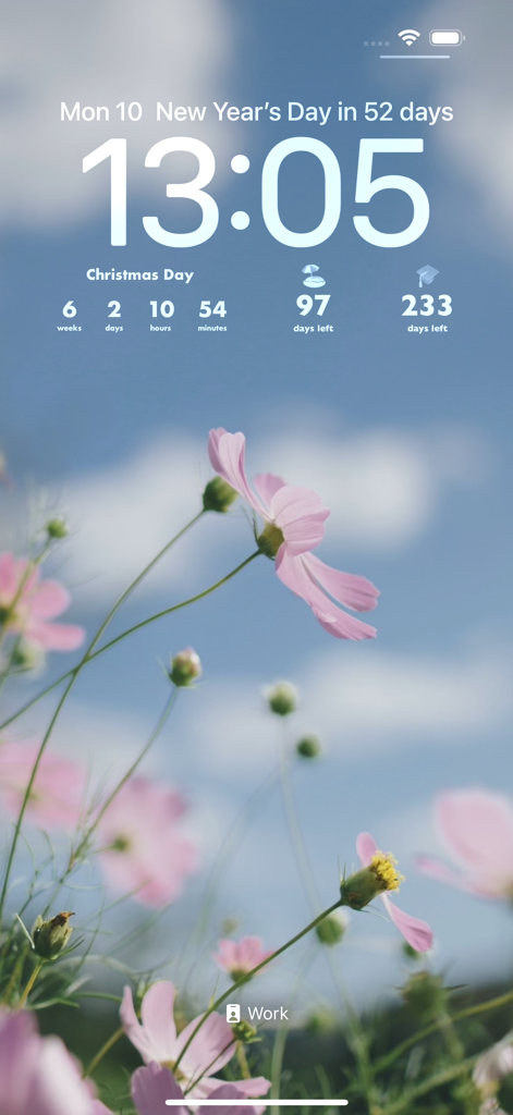 Écran de verrouillage de l'iPhone affichant plusieurs widgets de compte à rebours pour les fêtes et les événements sur un fond floral