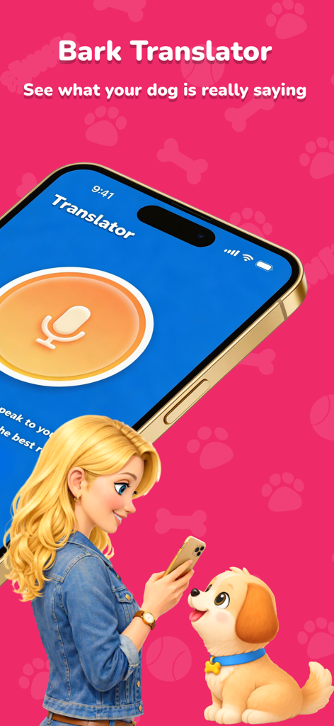 PawTok: AI Dog Translator - A woman using the PawTok AI app to translate her dog's barks