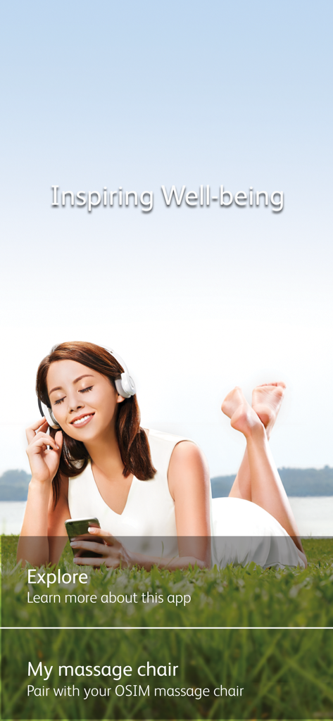 OSIM uLove 2 - Woman relaxing with headphones on the OSIM uLove 2 app home screen