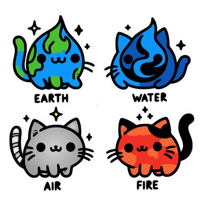 4 cats that represent the different elements, earth, water, air, and fire