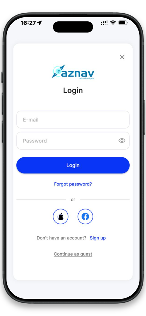 AzNav: Your Personal Navigator - Écran de connexion de l'application de navigation AzNav avec des boutons de connexion par e-mail et par les réseaux sociaux
