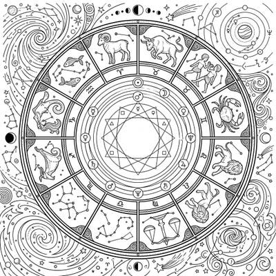 Dive deep into the universe with this incredibly detailed Astrological Chart Patterns coloring page. Explore the intricate zodiac wheel, planetary symbols, and cosmic designs, offering hours of engaging creative escape.