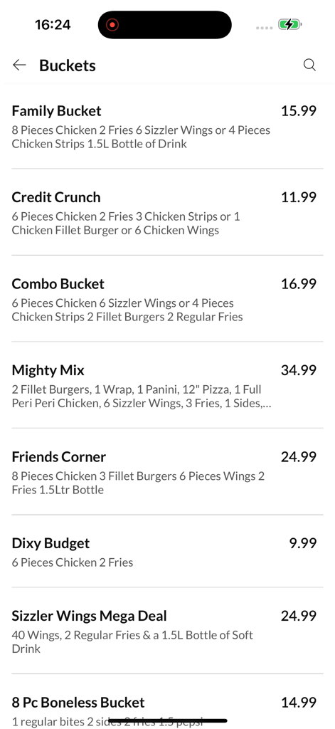 Dixy Chicken Online - Dixy Chicken Online app menu screen displaying various chicken bucket deals and prices