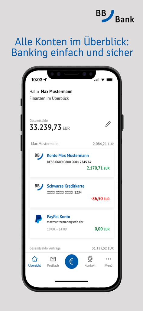 BBBank-Banking - Smartphone screen showing the BBBank app dashboard with a total balance and a list of integrated accounts like credit cards and PayPal