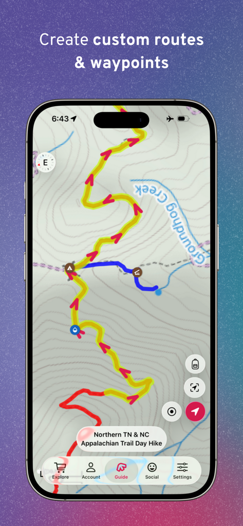 FarOut app screen showing custom trail routes and waypoints on a topographic hiking map