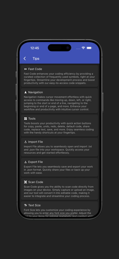 JSON Viewer(Pro) - JSON Viewer Pro app tips menu showcasing features like Fast Code and Scan Code for mobile developers.