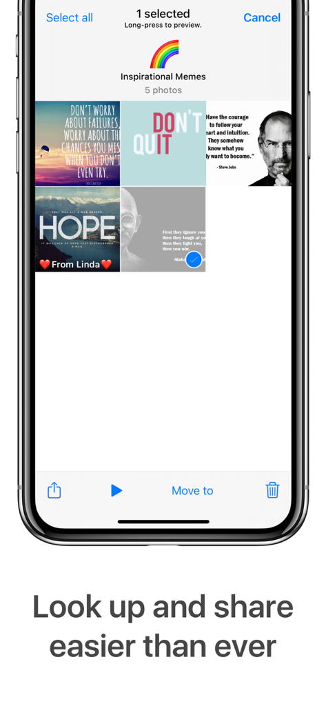Una captura de pantalla de la aplicación Utiful que muestra una carpeta organizada de memes de inspiración