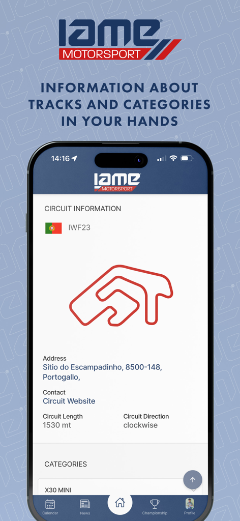 IAME Motorsport - IAME Motorsport app screen displaying circuit information with a race track map and technical details.