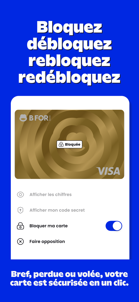 BforBank App-Bildschirm, der die Funktion zum sofortigen Sperren und Verwalten einer Gold-Visa-Karte zur Sicherheit zeigt.