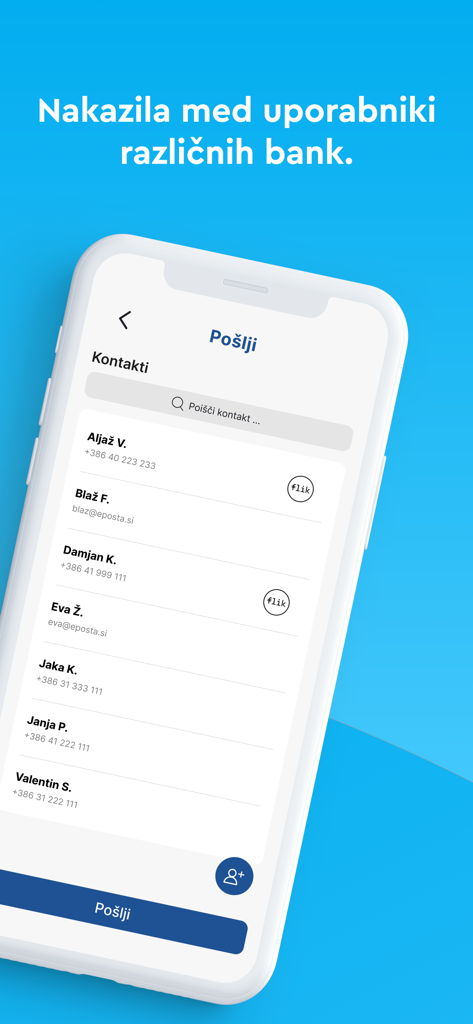 Flik Pay - Interface de l'application Flik Pay montrant une liste de contacts pour des transferts d'argent instantanés entre différentes banques.