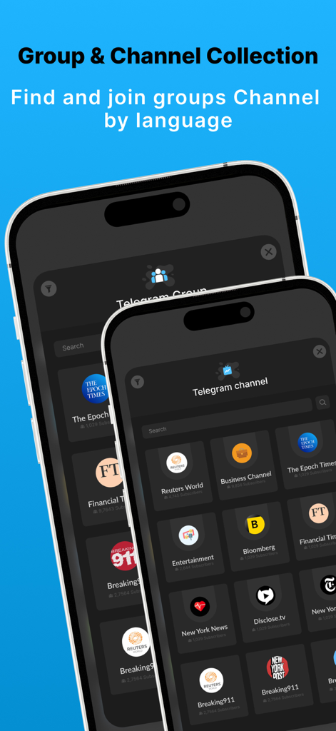 Interfaccia dell'app Tele Messenger che mostra una directory curata di gruppi e canali Telegram per una facile scoperta.