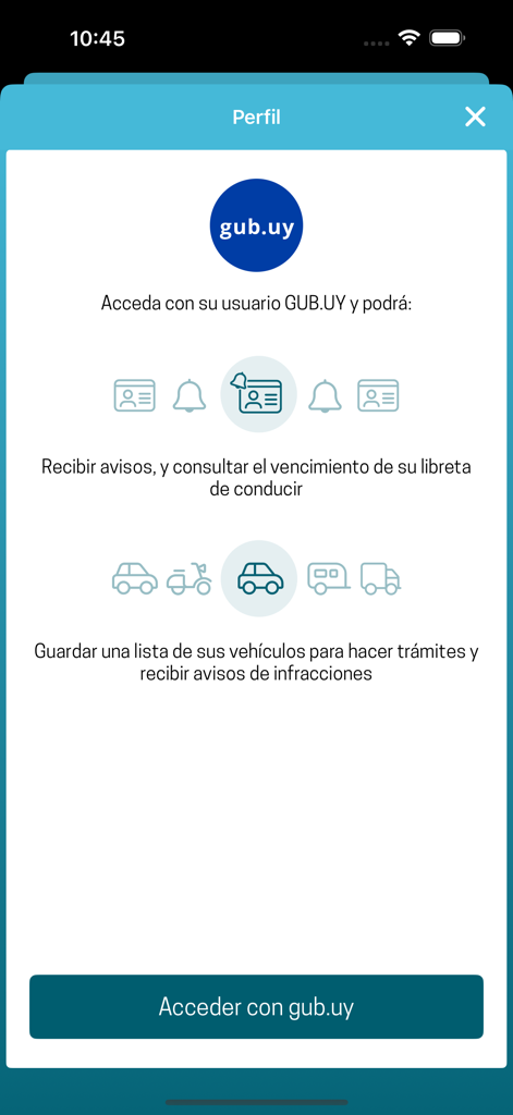 SUCIVE app profile login screen showing gub.uy authentication for vehicle management and fine alerts