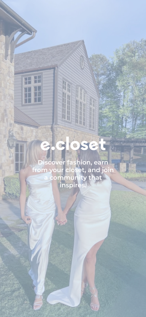 Two women in white formal dresses posing for the E Closet app welcome screen