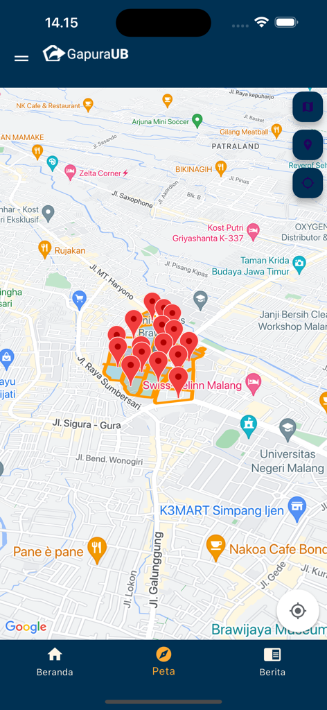 Gapura UB - A map view within the Gapura UB app showing the Universitas Brawijaya campus with several red location pins.