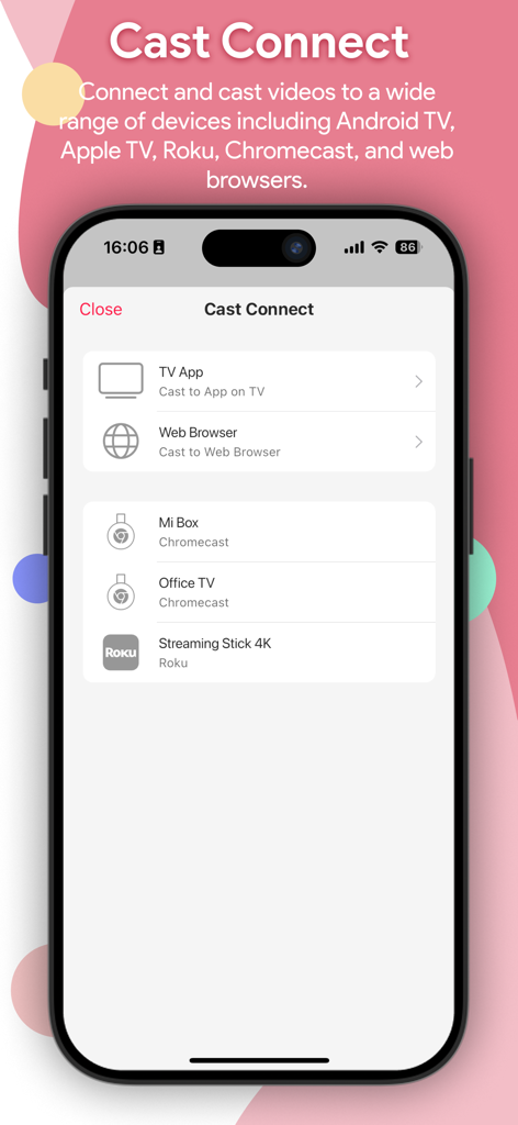 aPlayer - Video Play, Web Cast - Interface of aPlayer showing options to cast video to devices like Roku and Chromecast