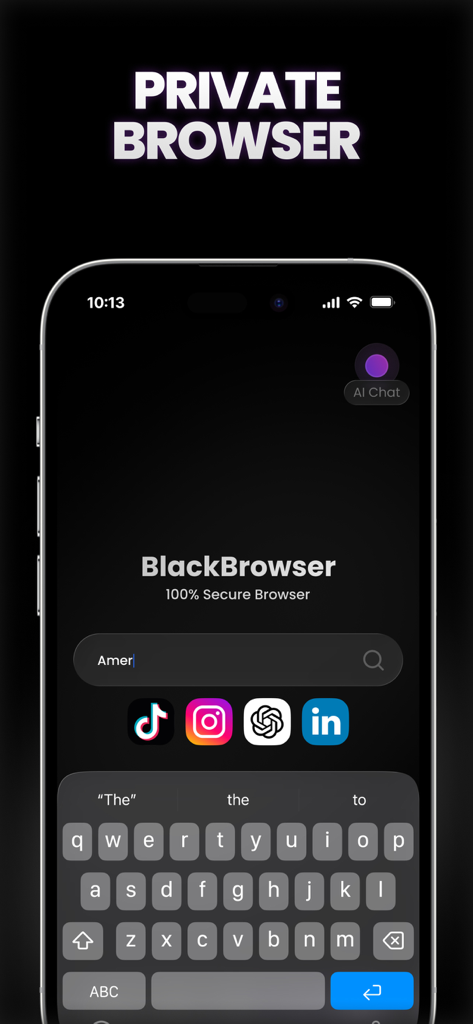 BlackHole Video Save - Private browser interface with AI chat and social media shortcuts