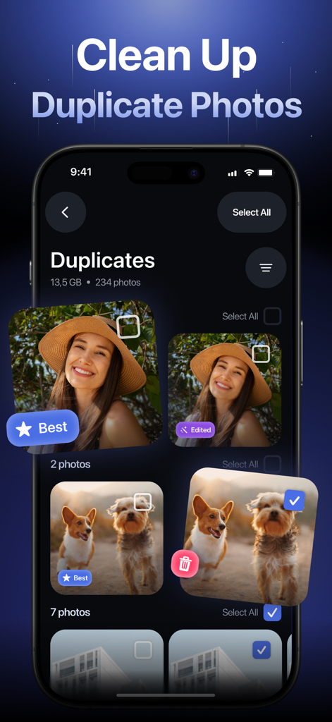 AI Phone Cleaner－Clean Storage - Mobile app interface showing AI Phone Cleaner identifying and selecting duplicate photos for deletion
