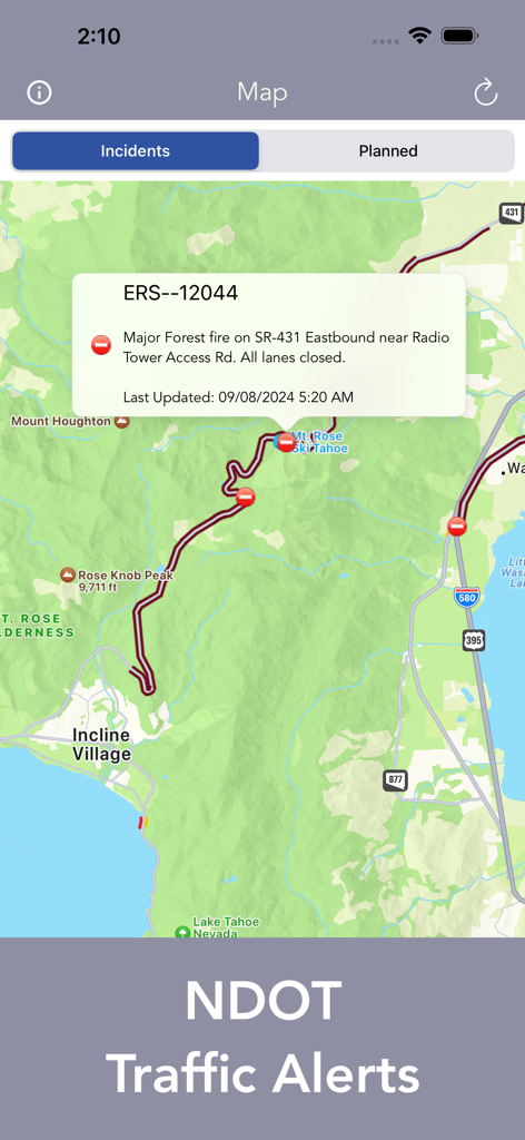 Nevada 511 app map interface showing a major forest fire incident alert and road closure on SR-431 near Mt. Rose.