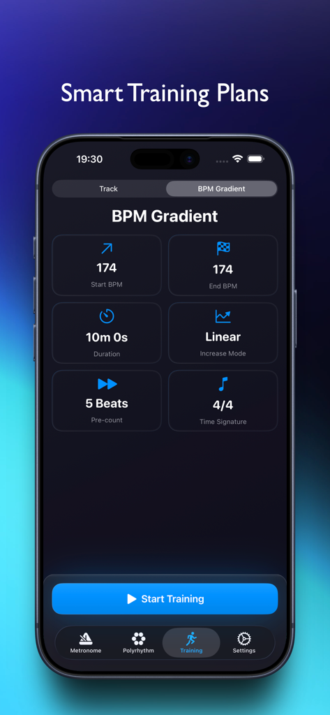 FlowBeats - FlowBeats app screen showing smart training plans with BPM gradient configuration settings