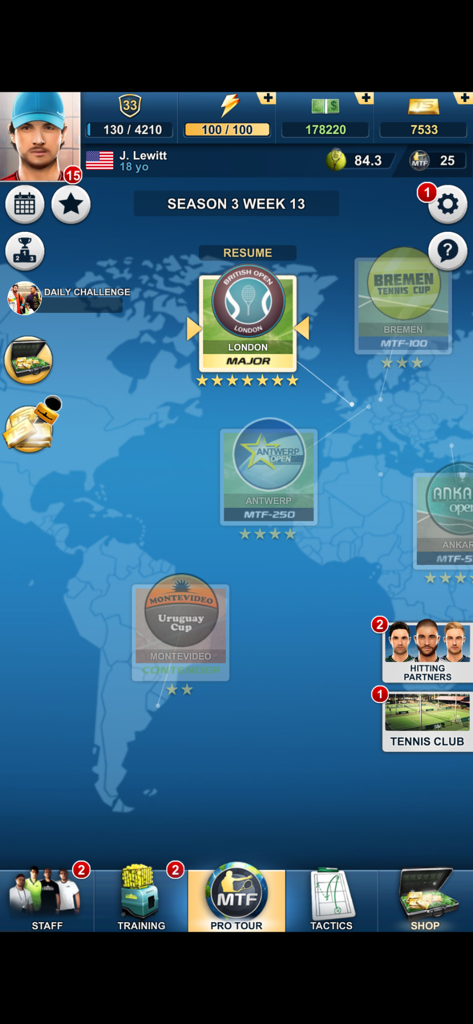 Tennis Manager 2025 - TOP SEED - World map view of the Pro Tour in Tennis Manager 2025 showing tournament locations and player career stats