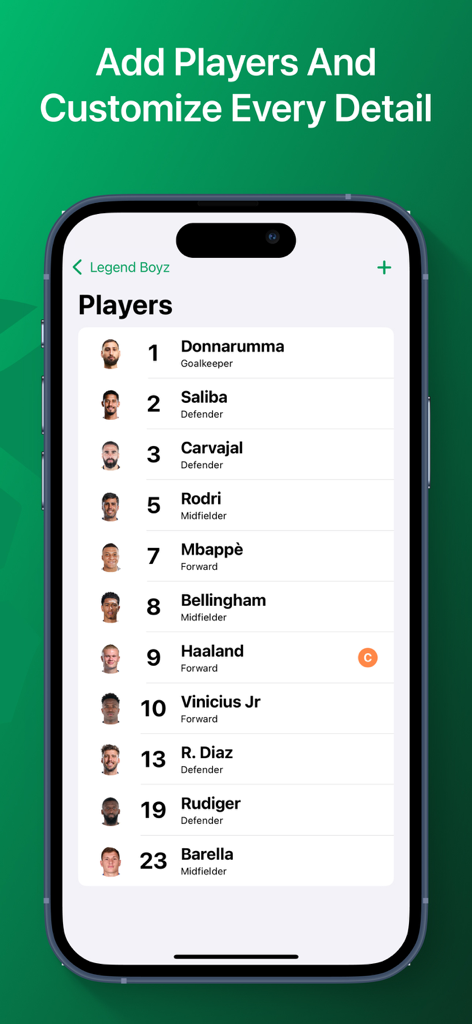 Pantalla de la aplicación móvil que muestra una lista de jugadores de fútbol personalizable con nombres y posiciones
