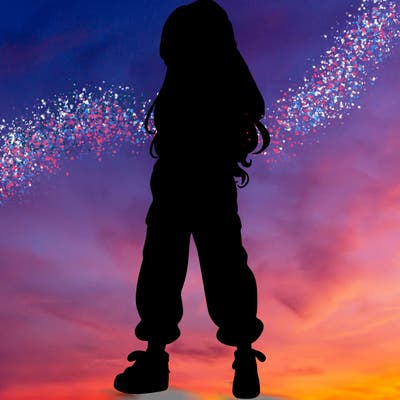 girl in baggy pants crop top and long hair