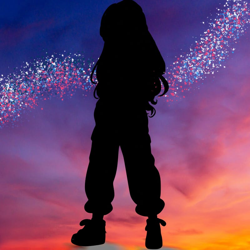 girl in baggy pants crop top and long hair