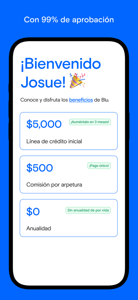 Welcome screen of Blu credit card app showing approved 5000 pesos credit line and zero annual fee