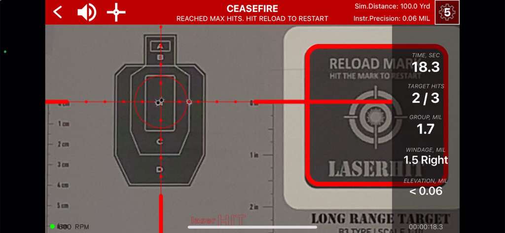 LaserHIT app interface displaying shot group analysis and ballistic data on a target