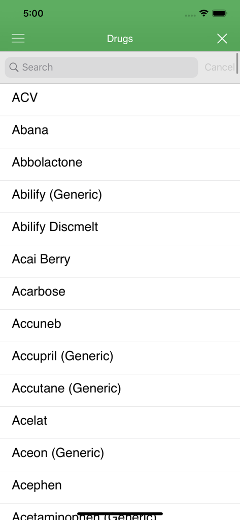 Learn Drug, Medical Dictionary - Search interface of the medical dictionary app showing an alphabetical list of drug names