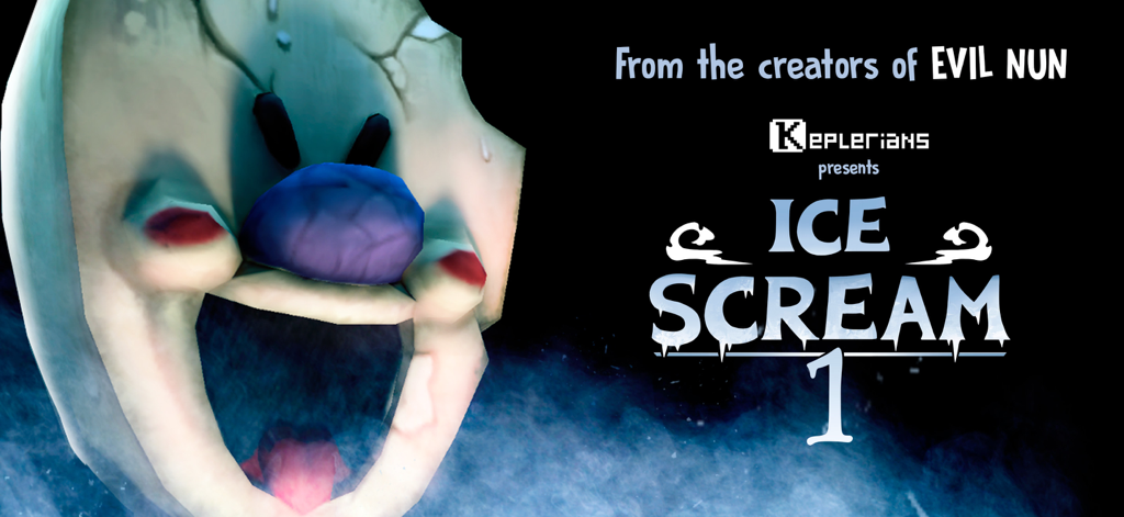 Promotional banner for Ice Scream 1 showing the creepy character Rod the Ice Cream Man and the game title