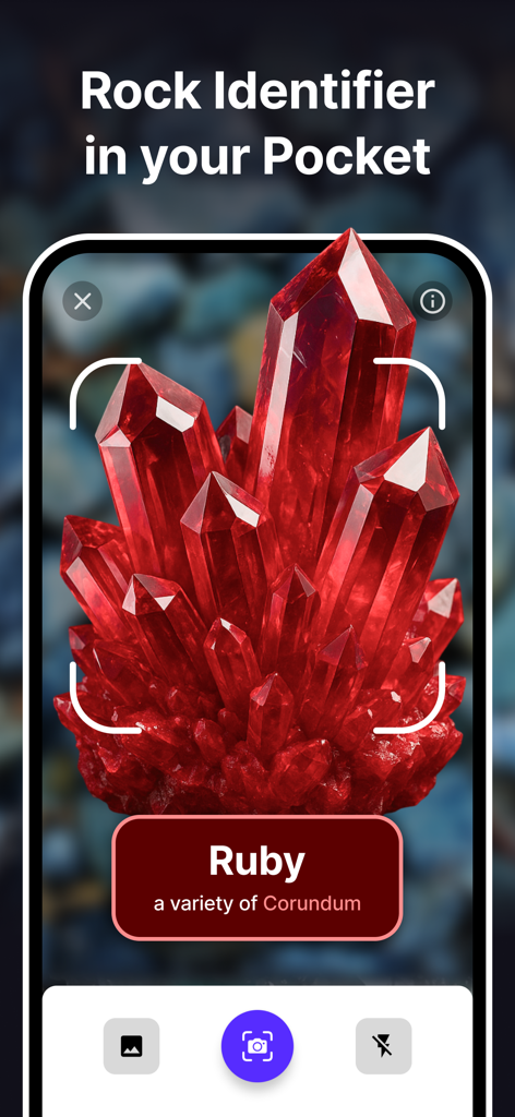 Rock Identifier: Gem & Rock ID - La interfaz de una aplicación móvil identificando un cristal de rubí rojo a través de la lente de la cámara.