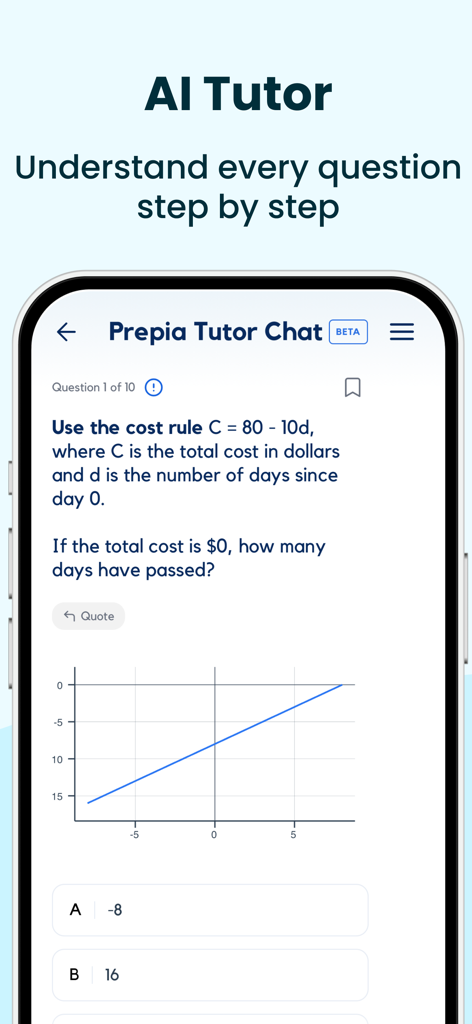Captura de tela do aplicativo SAT Exam Prep 2026 mostrando um recurso de tutor de IA fornecendo explicações passo a passo de problemas de matemática com um gráfico.