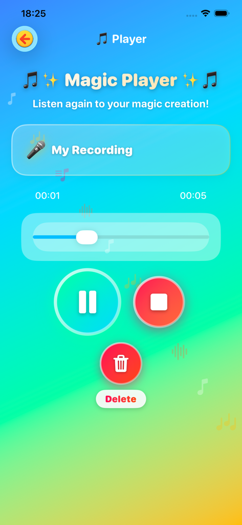 La pantalla de reproducción de la aplicación MagicMic muestra una interfaz de reproductor mágico con botones de reproducción y parada para las grabaciones de niños
